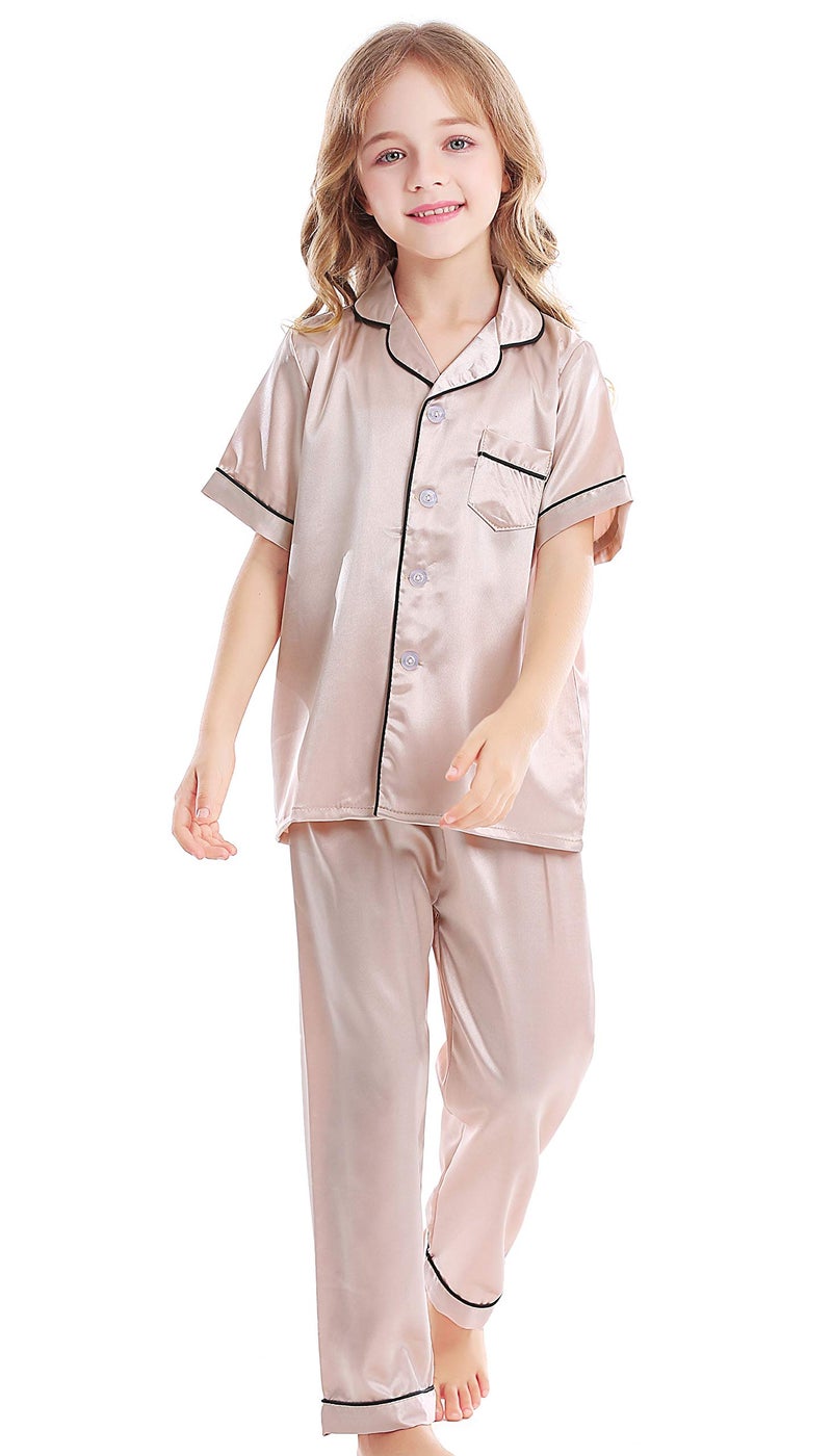 Horcute Kids Satin Short-Top and Long-Pants 2-Pieces Pajamas Sleepwears Set Champagne 160# 9-10Y - Image 2